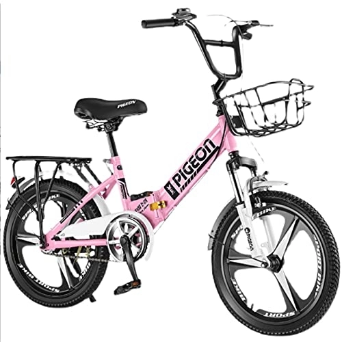 Folding Bike : Folding Bike for Adult Men Women, Mini Compact Foldable Bicycle for Student Office Worker Urban, High Tensile Steel Folding Frame with Back Seat and Basket(Size:18inch, Color:Pink)
