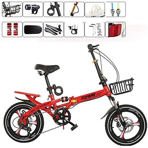 Folding Bike : Folding Bike Ladies Adult 16 / 20in Damping Variable Speed Foldable Bike Disc Brake Portable Folding City Bicycle, Red, 20inches