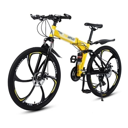 Folding Bike : Folding Mountain Bike 21 / 24 / 27 Speed Bicycle With Full Suspension 26 Inch Adult Road Offroad City Bike MTB Cycling Road Racing With Anti-Slip Double Disc Brake For Men Wom(Size:27 Speed, Color:Yellow)