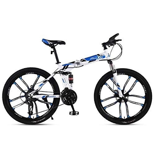 Folding Bike : Folding Mountain Bike 21 / 24 / 27 Speed Steel Frame 26 Inches 10-Spoke Wheels Suspension Folding Bike, Blue, 21speed