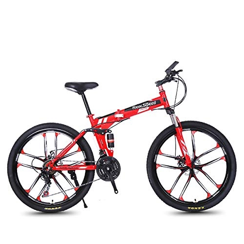 Folding Bike : Folding Mountain Bike 21 / 24 / 27 Speeds Disc Brake Off-road Bike 26 Inch Adults Magnesium Alloy Wheel Bicycles with Double Shock Absorber, Red1, 24S