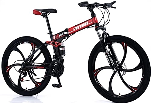 Folding Bike : Folding Mountain Bike, 21 Speed Bicycle Adult Mountain Trail Bike, High-Carbon Steel Frame Dual Full Suspension Dual Disc Brake, for Students and Urban Commuters Red, 26 inches