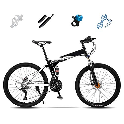 Folding Bike : Folding Mountain Bike, 27-Speed Full Suspension Bicycle, 24 Inches, 26 Inches, Off-Road MTB Bike, Unisex Foldable Commuter Bike, Double Disc Brake WM-LIHGT / White / 24