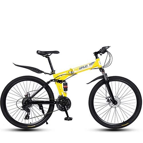 Folding Bike : Folding Mountain Bike Bicycle for Adult Men And Women, High Carbon Steel Dual Suspension Frame, PVC Pedals And Rubber Grips-yellow_21 speed-26 inches