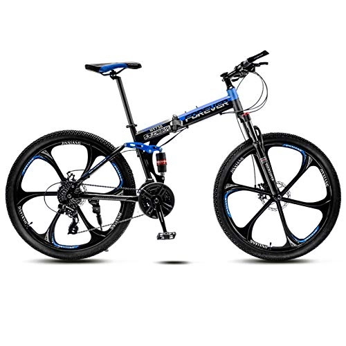 Folding Bike : Folding Mountain Bike for Adult 24-Inch, 6 Spoke 21 Speed, Double Disc Brake, Full Suspension, Anti-Skid Tires, Carbon Steel Frame, ECO-Friendly Paint, Blue