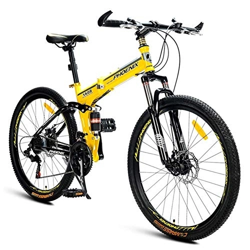 Folding Bike : Folding Mountain Bikes, 21-Speed Dual Suspension Alpine Bicycle, Dual Disc Brake High-carbon Steel Frame Anti-Slip Bikes, Kids Men's Womens Bicycle, Yellow