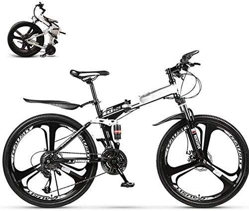 Folding Bike : Folding Mountain Trail Bike for Men Women 21 Speed Dual Suspension Bicycle MTB for Adults Student 26-Inches Wheels Dual Disc Brake Folding Road Bike Bicycle Fold up Travel Outdoor Bike-White