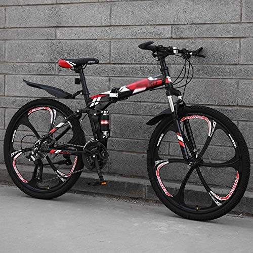 Folding Bike : Folding Outdoor Bikes Full Suspension MTB Folding Bike Foldable Mountain Bike Folded in 15 Seconds 24-Speed 26in City Mini Folding Bike-red