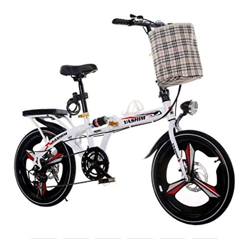 Folding Bike : Gaoyanhang Folding bicycle, 16 / 20 inch variable speed shock absorption dual disc brake, light and portable mini bike for men and women (Color : White, Size : 16 inch variable speed)