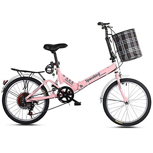 Folding Bike : GDZFY 7 Speed Suspension City Foldable Bike, With Rear Rack & Storage Basket, Portable Folding Bike Commuter Pink 20in