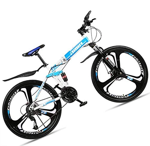 Folding Bike : giyiohok 24 Inch Mountain Bike for Adult Men Women All Terrain Off-Road Foldable Mountain Bicycle with Dual Suspension & Disc Brake Adjustable Seat&HighCarbon-21Speed_3 Spoke White Blue