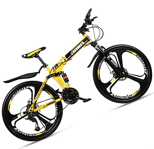 Folding Bike : giyiohok 24 Inch Mountain Bike for Adult Men Women All Terrain Off-Road Foldable Mountain Bicycle with Dual Suspension & Disc Brake Adjustable Seat&HighCarbon-30 Speed_3 Spoke Black Yellow