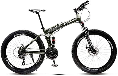 Folding Bike : giyiohok Folding Mountain Bike Steel Frame 24 Inches 3-Spoke Wheels Dual Suspension Off-Road Mountain Bicycle for Adult Double Disc Brake-Army Green_21 speed