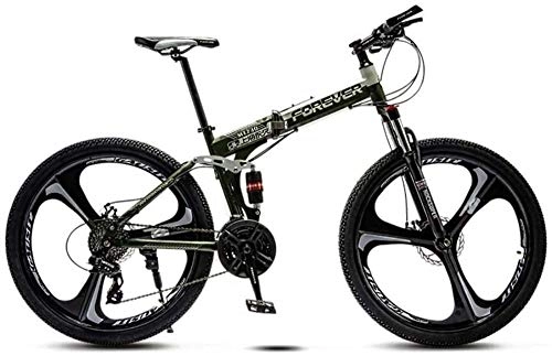 Folding Bike : giyiohok Folding Mountain Bike Steel Frame 24 Inches 3-Spoke Wheels Dual Suspension Off-Road Mountain Bicycle for Adult Double Disc Brake-Army Green_30 speed