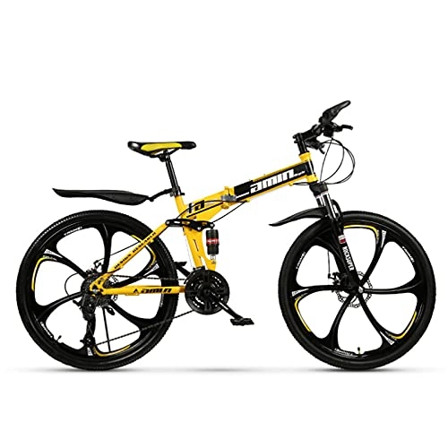 Folding Bike : GREAT Folding Mountain Bike Bicycle, 26 Inch Student Bicycle Non-slip Wear-resistant Tire Thickened High Carbon Steel Folding Frame, Disc Brakes(Size:21 speed, Color:Yellow)