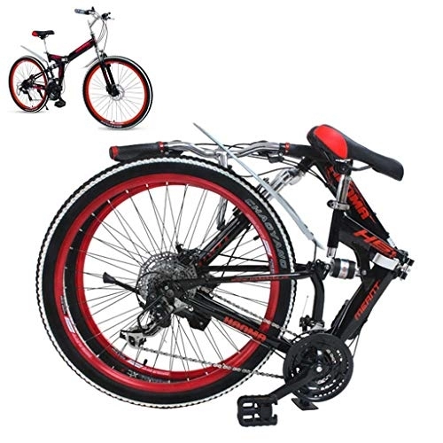 Folding Bike : GUOE-YKGM Adult Folding Mountain Bike 21 Speed Bicycle Full Suspension MTB Bikes 24 / 26 Inch Wheels, Rear Carry Rack, Red (Size : 24inch)