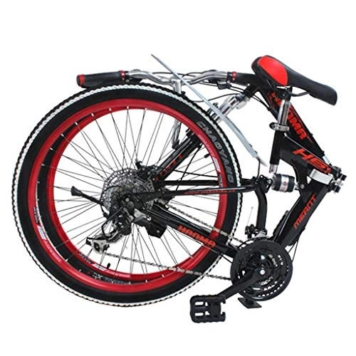 Folding Bike : GUOE-YKGM Mountain Bike for Adult Men and Women, High Carbon Steel Dual Suspension Frame Mountain Bikes, 21 Speed Gears Folding Outroad Bike With 26 Inches (Color : Red, Size : 24inch)