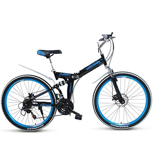 Folding Bike : GWM 26inch Mountain Bike Folding Bicycle Double Shock Absorption Double Disc Brake Bicycle Women and Man City Commuter Bicycle, Blue-Black (Color : 24-speed)