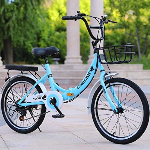 Folding Bike : GWM Foldable Bicycle Variable 6 Speed Children Go To School Outdoor Sport Bicycle 3 colours with Basket (Color : Blue)