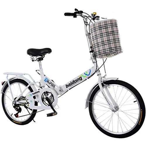 Folding Bike : GWM Folding Bicycle Portable Single Speed Bicycle Adult Student City Commuter Freestyle Bicycle with Basket, White (Size : Medium Size)