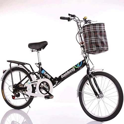 Folding Bike : GWM Folding Bicycle Portable Variable Speed Bicycle Adult Student City Commuter Freestyle Bicycle with Basket (Color : Black)