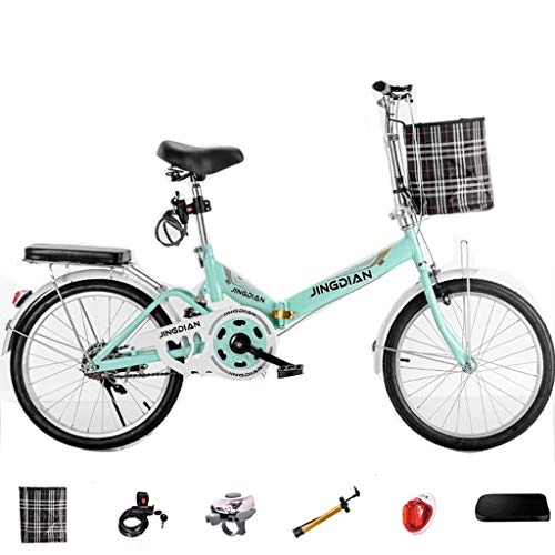 Folding Bike : GWM Folding Bicycle Single Speed Portable Female City Commuter Outdoor Sports Exercise Bicycle with Basket, Green