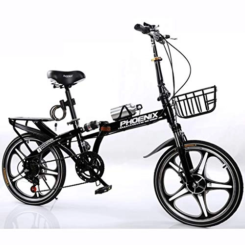 Folding Bike : GWM Portable Folding Bicycle Single Speed Adult Student Outdoor Sport Bicycle with Basket, Water Bottle and Holder, Black (Size : Medium Size)