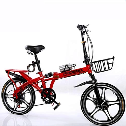 Folding Bike : GWM Portable Folding Bicycle Single Speed Adult Student Outdoor Sport Bicycle with Basket, Water Bottle and Holder, Red (Size : Medium Size)