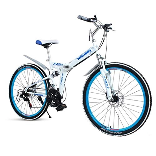 Folding Bike : GXQZCL-1 26inch Mountain Bike, Foldable Hardtail Bicycles, Steel Frame, Dual Disc Brake and Double Suspension MTB Bike (Color : White+Blue, Size : 24 Speed)