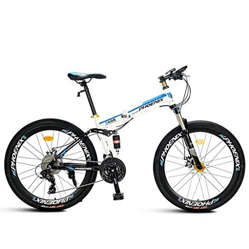 Folding Bike : GXQZCL-1 Mountain Bike, Folding Mountain Bicycles, Carbon Steel Frame, Dual Suspension and Dual Disc Brake, 26inch Wheel, 21 Speed MTB Bike (Color : White)