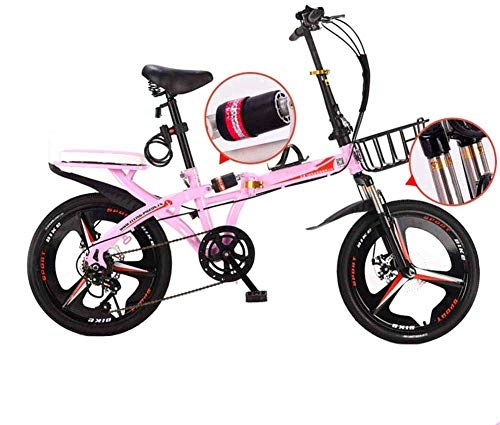 Folding Bike : Gyj&mmm Travel bike, folding mountain bike, 16-inch unisex alloy city bike, adjustable handle and 6-speed, disc brake, Pink