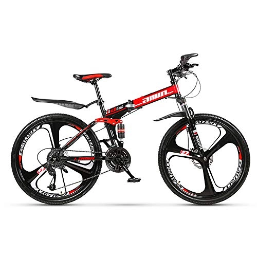 Folding Bike : H-LML Mountain bike folding 26 inch speed 27 speed men and women off-road racing double shock absorber bicycle three-knife folding bike, Red