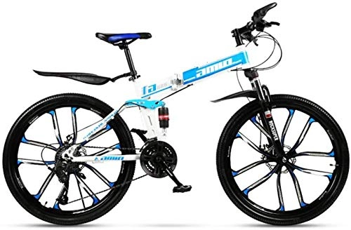 Folding Bike : HCMNME durable bicycle Adult Mountain Bike, Full Suspension Foldable City Bicycle, Off-road Double Disc Brake Snow Bikes, 24 Inch Magnesium Alloy Ten Knives Wheels Alloy frame with Disc Brakes