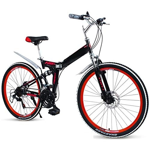 Folding Bike : HFJKD Dual Suspension Foldable Bicycle, 27 Speed Adults Mountain Bike, High-Carbon Steel Double Disc Brake, 26 inch Portable Commuter Bike, B