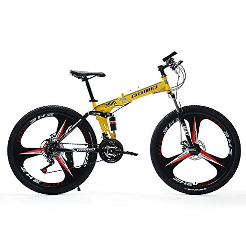 Folding Bike : HLMIN 26 Inches Folding Mountain Bicycle Bike 5-Spoke Wheels MTB Dual Suspension Bicycle 21 24 27Speed (Color : Yellow, Size : 21speed)