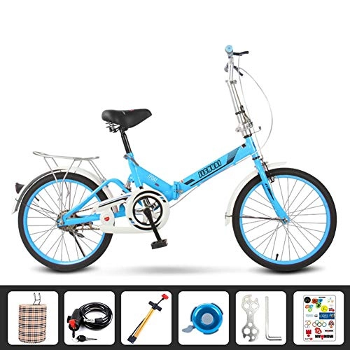Folding Bike : HLMIN Folding Bicycle 20inch Lightweight Compact Bike Single-Speed Drivetrain For City Riding Or Commuting (Color : Blue, Size : 1-speed)