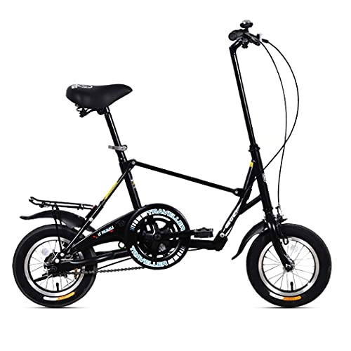 Folding Bike : Hmvlw foldable bicycle High carbon thick steel frame folding bicycle 12 inches unisex, load 90kg with shelf, suitable for work, school and play (Color : Black)