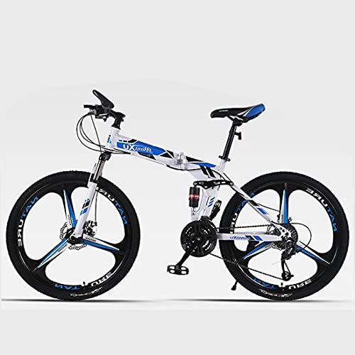 Folding Bike : Hmvlw Portable bicycle 3-wheel 24 / 26 inch variable speed mountain folding bike, can put the trunk, adult male and female double shock-absorbing portable bicycle (Color : Blue, Size : 24 inches)
