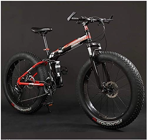 Folding Bike : HQQ Adult Mountain Bikes, Foldable Frame Fat Tire Dual-Suspension Mountain Bicycle, High-carbon Steel Frame, All Terrain Mountain Bike (Color : 24" Red, Size : 27 Speed)