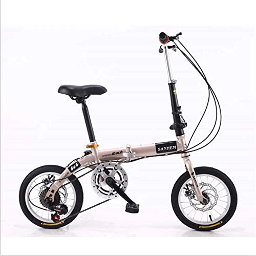 Folding Bike : HUAQINEI Mountain Bikes, 14 inch lightweight folding bicycle variable speed dual disc brake bicycle champagne gold Alloy frame with Disc Brakes