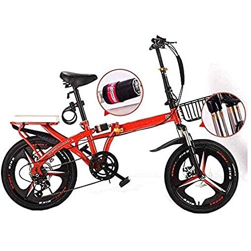 Folding Bike : HUAQINEI Travel bike, folding mountain bike, 16-inch uni alloy city bike, adjustable handle and 6-speed, disc brake, Red