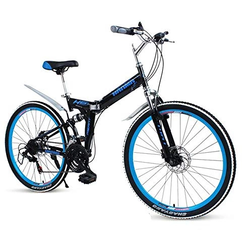 Folding Bike : Implicitw Folding mountain bike 21 / 24 / 27 speed disc brake dual shock absorption black blue-dark blue_21 speed 24 inches