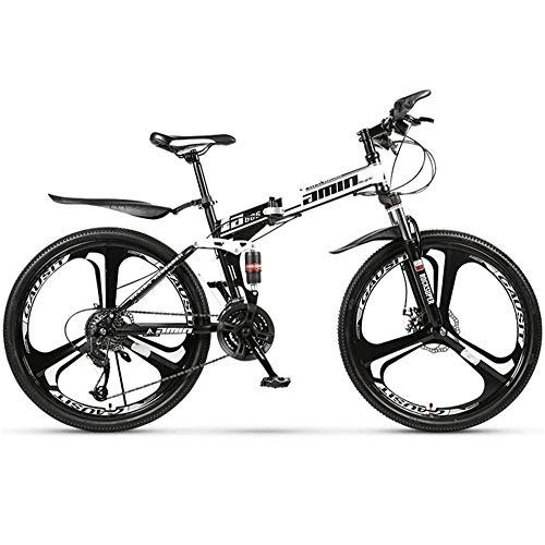 Folding Bike : JHKGY 24 / 26-Inch Mountain Bike with Full Suspension, Folding Bike, Speed Double Disc Brake Adult Bicycle, White, 26 inch 30 speed