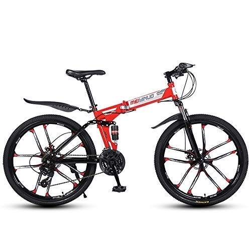Folding Bike : JHKGY Folding Mountain Bicycle, Carbon Steel Full Suspension Frame, Outdoor Bike, Male And Female Adult Commuter Full Suspension MTB Bikes Anti-Slip Bicycles, Red, 26 inch 24 speed