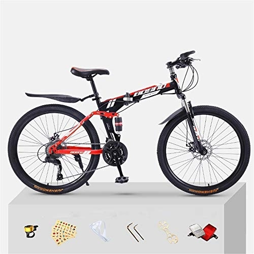 Folding Bike : JHKGY Mountain Bike Full Suspension Folding Bike Bike for Adults, Double Shock Absorption Off-Road Variable Speed Racing, Dual Disc Brake, High-Carbon Steel Frame MTB Bicycle, Red, 26 inch 27 speed