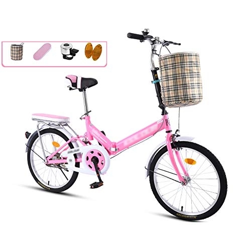 Folding Bike : JHNEA 16 Inch Folding Bike, Single Speed Low Step-Through Steel Frame Foldable Compact Bicycle with Comfort Saddle Carrying Bag and Rack, Pink-B