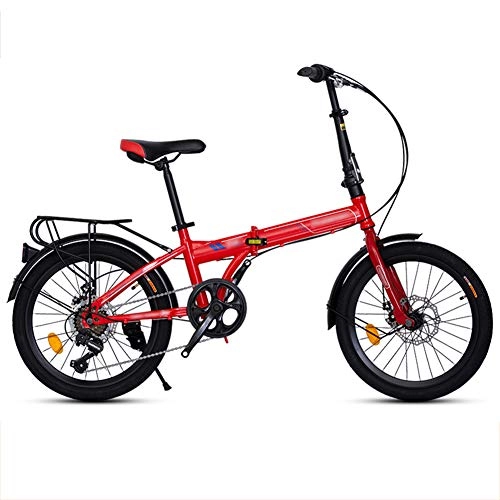 Folding Bike : JHNEA 20 Inch Folding Bike, 7 Speed Low Step-Through Steel Frame Foldable Compact Bicycle with Comfort Saddle and Rack for Adults, Red