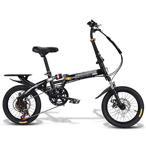 Folding Bike : JHNEA Folding Bike, 16 Inch 7 Speed Low Step-Through Steel Frame Foldable Compact Bicycle with Rack Comfort Saddle and Fenders for Adults, Black-D