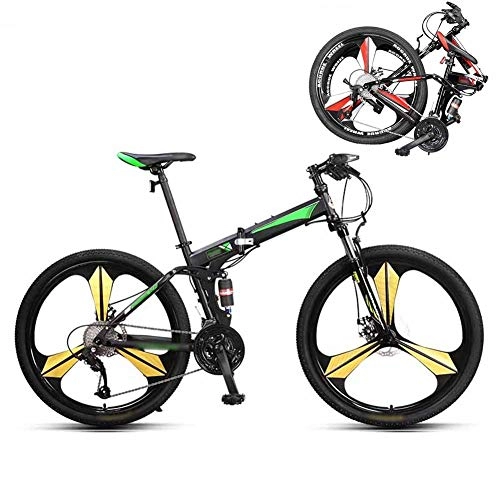 Folding Bike : JI TA Mountain Bike Folding Bikes, Double Disc Brake, 27-Speed Double Disc Brake Full Suspension Bicycle, 26 Inch Off-Road Variable Speed Bikes for Men And Women / Green