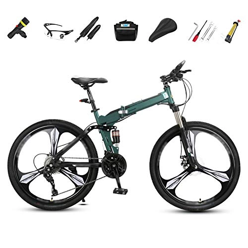 Folding Bike : JI TA Off-road Mountain Bike, 26-inch Folding Shock-absorbing Bicycle, Male And Female Adult Lady Bike, Foldable Commuter Bike - 27 Speed Gears with Double Disc Brake / Green